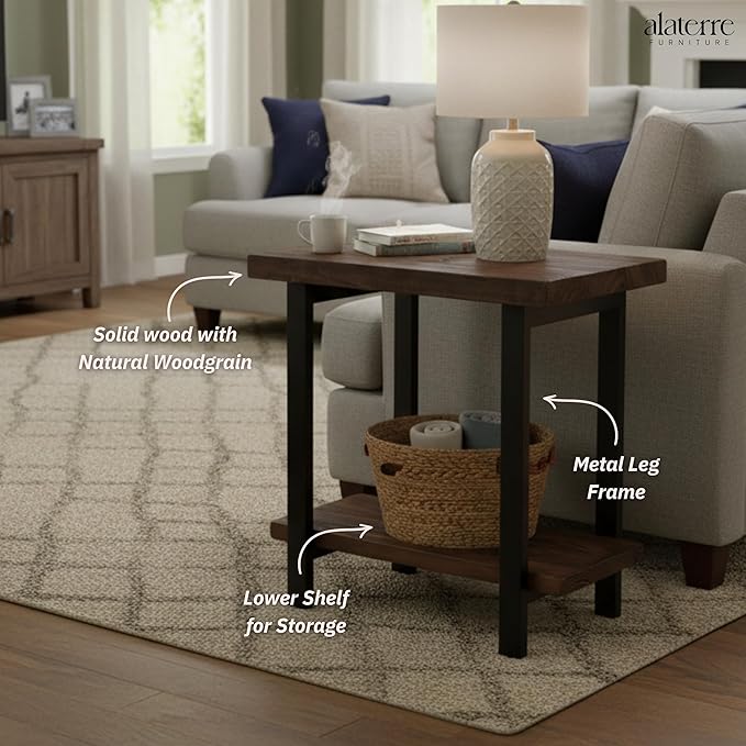 Alaterre Furniture Pomona Living Room Tables – 2-Tier Solid Wood End Table with Natural Finish and Metal Legs – Modern Farmhouse Accent or Home Décor (Rustic Brown)