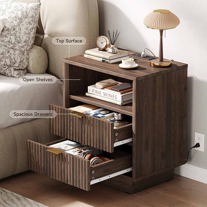 GOLDDAY Nightstands Set of 2 with Charging Station & LED Light, 2-Drawer Bedside Table with Outlets, Modern End Table with Open Shelf, for Bedroom, Home Office, Walnut - Image 6