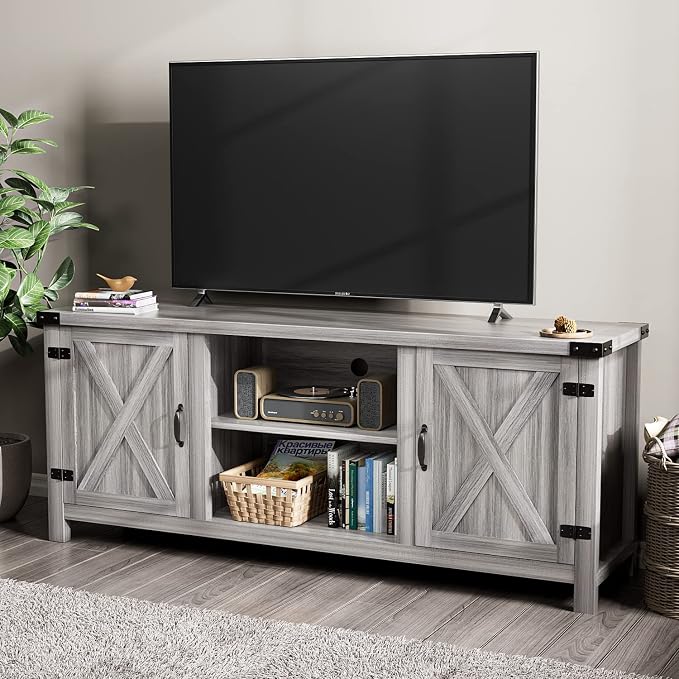 YESHOMY Modern Farmhouse TV Stand with Two Barn Doors and Storage Cabinets for Televisions up to 65+ Inch, Entertainment Center Console Table, Media Furniture for Living Room, 58 Inch, Gray Wash by SearchallYESHOMY