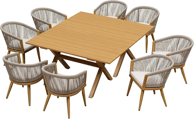 PURPLE LEAF Patio Dining Set for 8 All-Weather Wicker Woodgrain Aluminum 10 Piece Oversized Outdoor Table and Chairs Set Included Cushions for Backyard Indoor Kitchen Outdoor Furniture Set Teak Color by PURPLELEAF