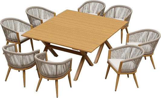PURPLE LEAF Patio Dining Set for 8 All-Weather Wicker Woodgrain Aluminum 10 Piece Oversized Outdoor Table and Chairs Set Included Cushions for Backyard Indoor Kitchen Outdoor Furniture Set Teak Color by PURPLELEAF