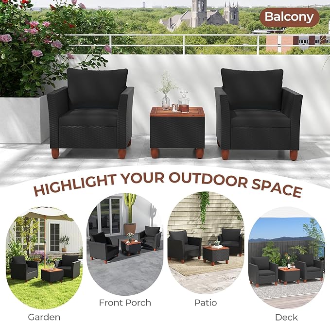 ORALNER 3 Pieces Patio Furniture Set, Outdoor Wicker Conversation Chairs with Cushion, Acacia Coffee Table, Rattan Bistro Set for Balcony Garden Backyard Front Porch Poolside (Black)