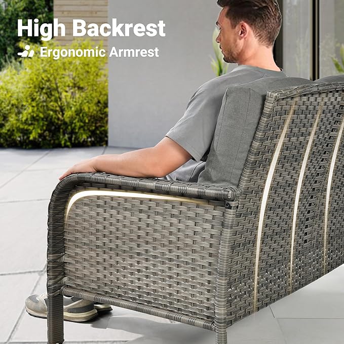ovios 5-Piece Patio Furniture Set, Outdoor Wicker Sofa with Chairs Fire Pit Table, High Back Rattan Chair with Comfy Cushions for Porch Yard Deck, Dark Grey