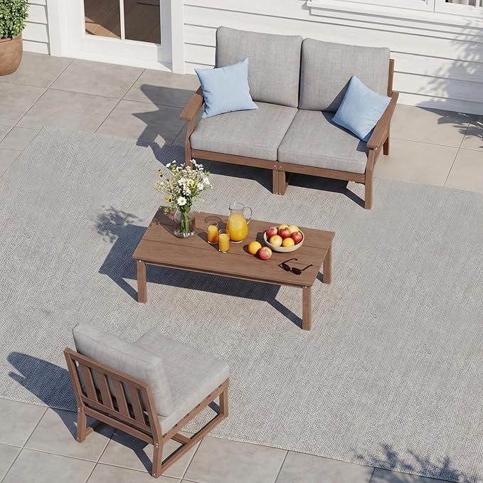HDPE Patio Conversation Set, 4-Piece All Weather Outdoor Furniture Set with 3-Seater Modular Sofa for Deck, Lawn, with Cushion, Brown