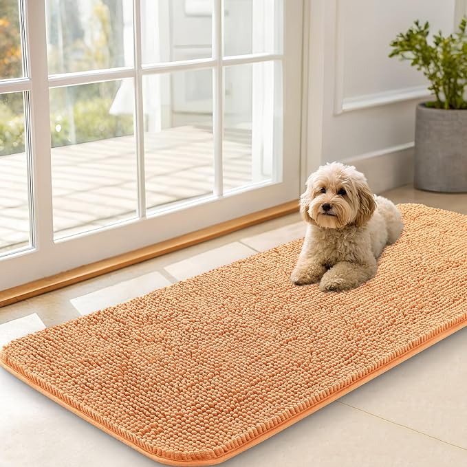 OLANLY Dog Door Mat for Muddy Paws 47x20, Absorbs Moisture and Dirt, Absorbent Non-Slip Washable Doormat, Quick Dry Chenille Mud Mat for Dogs, Entry Indoor Entryway Carpet for Inside Floor, Orange by OLANLY