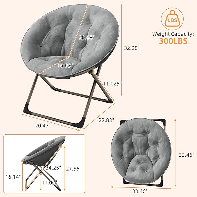 GAOMON Saucer Chair, Comfy Chair Faux Fur Lounge Moon Chair with Folding Metal Frame, Oversized Plush Flower Accent Seat for Adults, Teens & Kids, for Teens, Bedroom, Dorm or Living Room, Grey