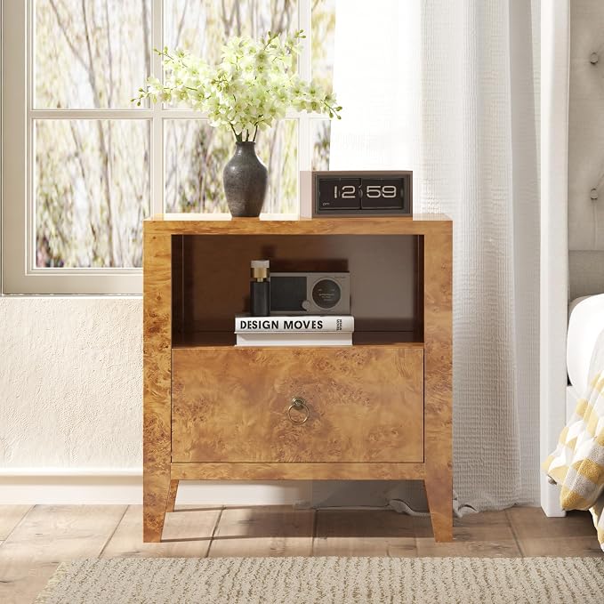 AMERLIFE Mid-Century Modern Nightstand Set of 2 with Drawer, High Gloss Burl Wood Bedside Table, Ample Storage Side Table for Bedroom, Retro Accent End Table, Yellow - Image 3