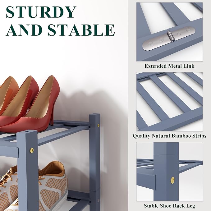 Smiry Shoe Rack, 6 Tier Long Bamboo Shoe Organizer, Stackable Free Standing Wooden Shoe Storage Shelf for Closet, Entryway, Front Door Entrance, Grey - Image 3