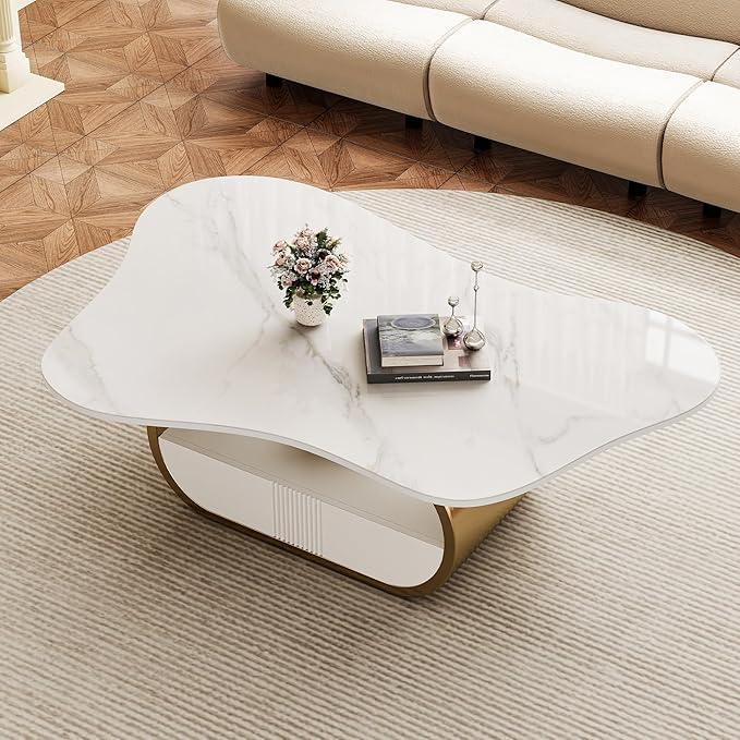 41.7 Inch Marble Coffee Table with Storage Drawer, Modern Butterfly Design, Sintered Stone Top and Gold Stainless Steel Base for Living Room, Scratch Resistant and Easy Assembly