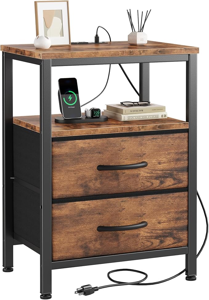 DUMOS Nightstand with Charging Station Built in USB Ports and AC Outlets Bedside Table with Adjustable Fabric Drawer and Open Shelf Modern End Table for Bedroom,Brown by DumosLifestyle
