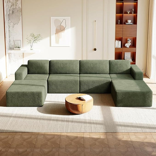 Vesgantti 159" Large Modular Sectional Sofa, U-Shaped Corduroy Cloud Couch with Deep Seats & Spring Support, 4-Seater Boneless Sofa with 2 Movable Ottomans, No Assembly Needed, Green