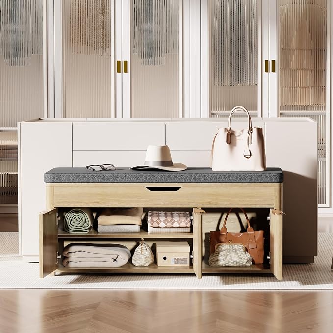 Shoe Bench with Storage - Lift Top Entryway Bench with Hidden Storage, Shoe Rack with Adjustable Shelves and Cushioned Seat, Wooden End of Bed Bench for Bedroom, Living Room and Hallway,Nature - Image 9