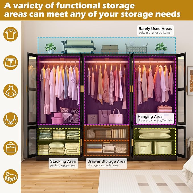 6 Doors Armoire Wardrobe Closet with LED and Mirror,71" H Freestanding Wooden Wardrobe Closet Cabinet for Bedroom w 2 Drawers,Wooden Clothing Storage Cabinet w Hanging Rod,Closets for Bedroom(Black)