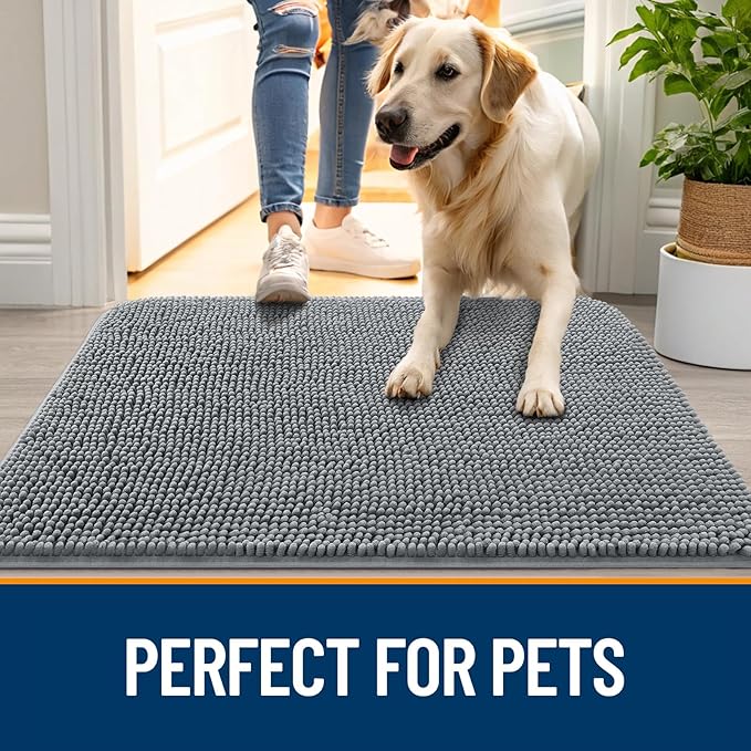 OLANLY Dog Door Mat for Muddy Paws 36x24, Absorbs Moisture and Dirt, Absorbent Non-Slip Washable Doormat, Quick Dry Chenille Mud Mat for Dogs, Entry Indoor Entryway Carpet for Inside Floor, Grey - Image 6