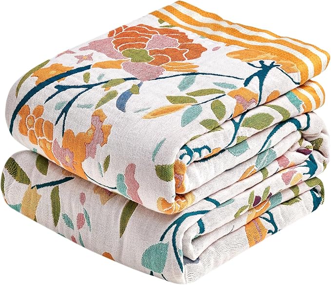 Boho Throw Blanket - 50"x60" 100% Cotton Ultra Soft Lightweight Blanket, 4-Layer Breathable Muslin Spring Blankets for Bed Couch, Reversible Green Floral Printed Bohemian Cotton Quilt