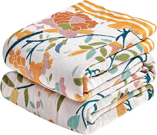 Boho Throw Blanket - 90"x108" 100% Cotton Ultra Soft Lightweight Blanket, 4-Layer Breathable Muslin Spring Blankets for Bed Couch, Reversible Green Floral Printed Bohemian Cotton Quilt