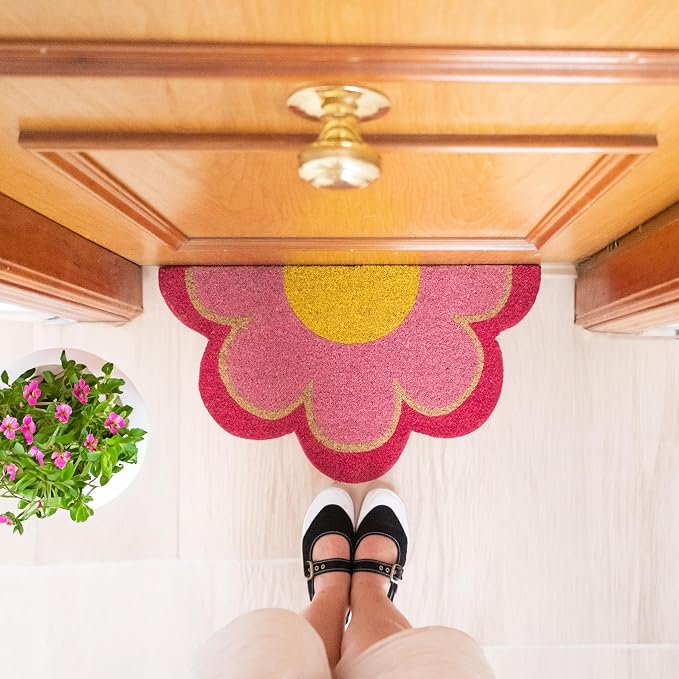 Fisura - Outdoor Flower Coconut Doormat with Non-Slip PVC Base. Doormat with Original Shape. Pink Design. Hand Painted. Dimensions: 30 x 18 in - Image 3