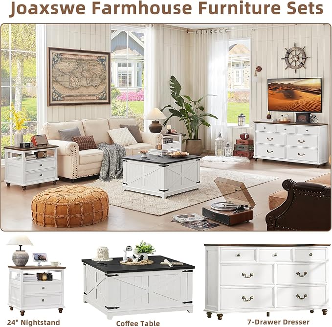 Joaxswe 24" Wide Farmhouse Night Stand,Large End Table with 2 Drawers & Metal Handle,Wood Dresser for Bedroom, White Bed Side Table Chest of Drawers Cabinet,Nightstand for Living Room,Closet - Image 6