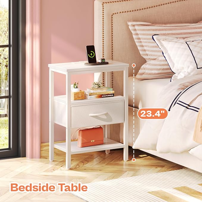 SUPERJARE Nightstand with Charging Station, Bed Side Table with Adjustable Fabric Drawer, Night Stand for Bedroom, 3-Tier Storage End Table, for Living Room, White - Image 3
