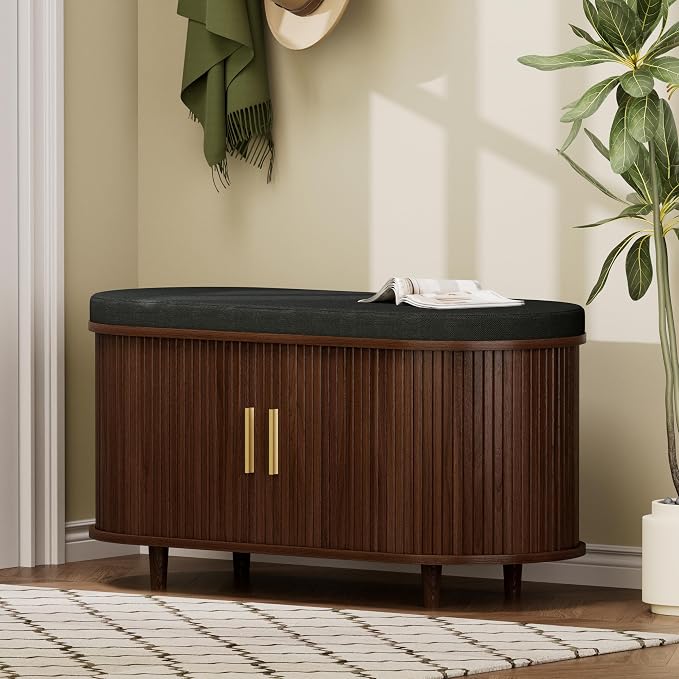 DHH 2-Tier Storage Bench,Wide Shoe Bench with Thickened Padded Seat Cushion, Mid Century Modern Fluted Sliding Door and Adjustable Shelf, for Entryway, Living Room, Bedroom (Walnut, 35.4“) - Image 3