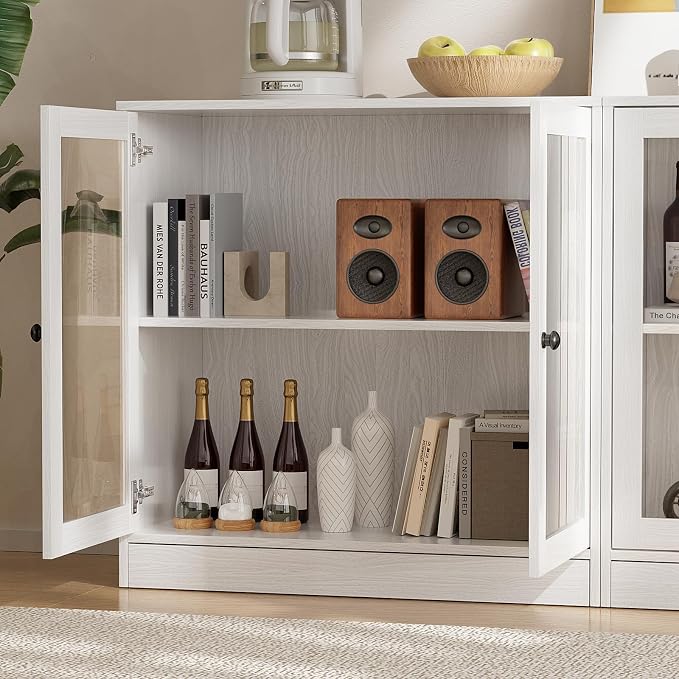 TUSY 71" TV Stand Storage Set - 2 Tall Bookcases & 2 Side Cabinets, Media Console with Glass & Wood Doors, Entertainment Center with Drawers, Tall Media Console for Living Room (White, ADDA) - Image 7
