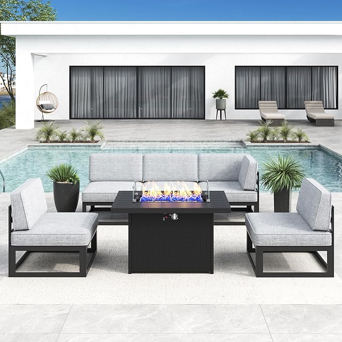 LayinSun Large Aluminum Patio Furniture Set with Fire Pit Table, 6 Pieces Modern Outdoor Conversation Set Sectional Metal Sofa Set with Olefin Cushion