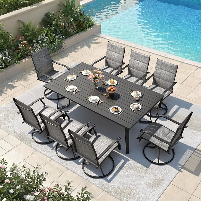 9 Pieces Patio Dining Set for 8, All Weather Outdoor Furniture Set, 75.6" Metal Dining Table with Umbrella Hole and 8 High Back Textilene Swivel Chairs for Deck Garden Lawn Poolside, Grey by RedefineModernLiving