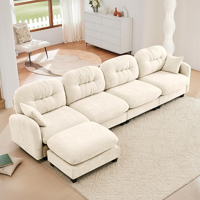 KEIKI 140" L-Shaped Oversized Chenille Modular Sectional Sofa with 1 Ottoman, High-Density Foam Cushions, Tufted Pleated Cushion Backrest, Modern 4-Seater Couch with 2 Pillow, for Living Room, Beige
