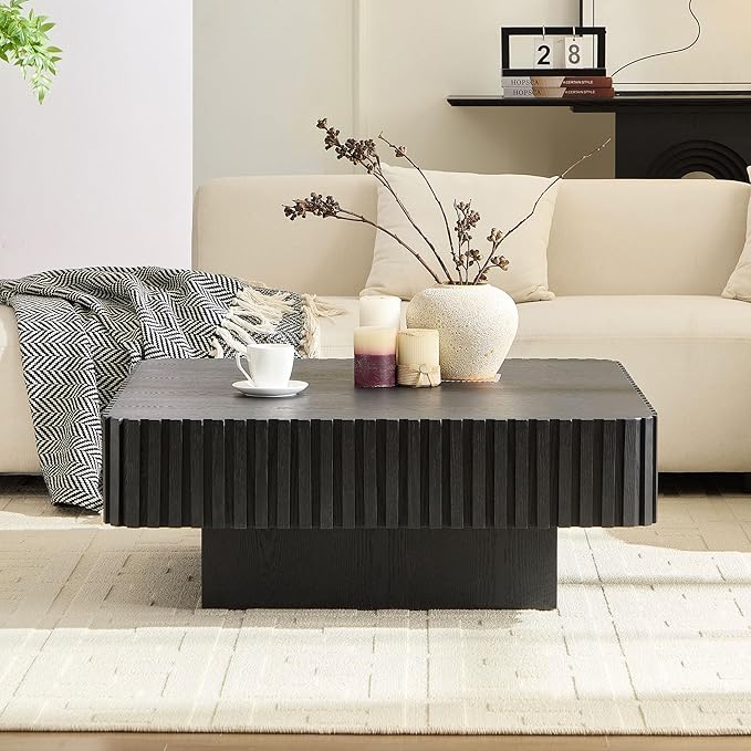 WILLIAMSPACE 35.43" Square Coffee Table with Sturdy Base, Modern Luxury Wood Drum Center Table Accent End Side Table for Living Room, Minimalist Fluted Design, Black