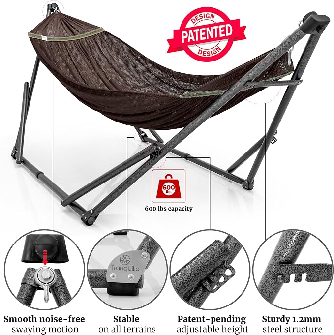 Tranquillo Combo x2 Hammocks with Stand for Outside & Tree Straps, Heavy Duty Hammock with Stand 600lbs for Indoor Outdoor Patio Backyard, x2 Hammocks for 2 Person (Combo - Brown, Medium) - Image 3