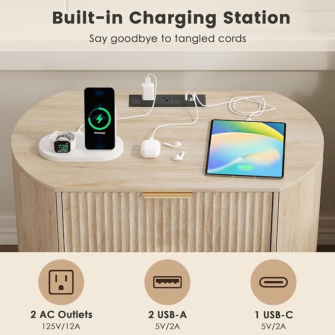 31.5" W Oval Fluted Nightstand with LED Lights & Charging Station, Modern Night Stand with 3 Sliding Drawers & 2 Side Storage, Large Bedside Table, Wood End Side Table for Bedroom (Oak) - Image 5