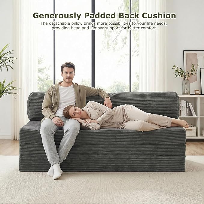 5-in-1 Convertible Sofa Bed, Boneless Loveseat Sleeper, Tri-fold Futon Sofa Bed with Removable Cushions & Washable Cover, Pull Out Couch with Handle, for Small Spaces, Queen Size, Grey