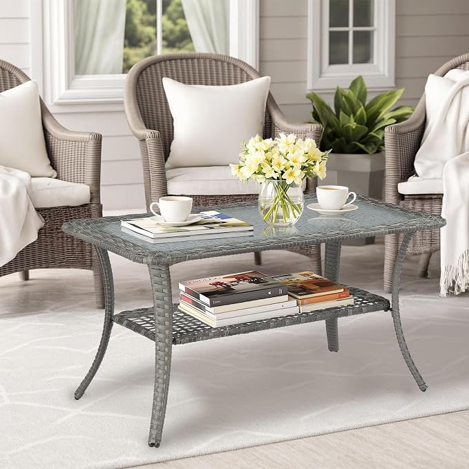 VINGLI Outdoor Coffee Table with Storage Wicker Patio Coffee Table, Tempered Glass Top Coffee Table for Patio Outside Balcony Porch Deck (Grey) - Image 6