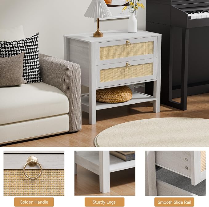 Rattan Nightstand with 2 Drawers and Storage Shelf, 26” Tall Boho Night Stand, Wood Large Bedside Table with Golden Handle for Bedroom, Side Table, White and Oak with Grey Wood Texture - Image 5