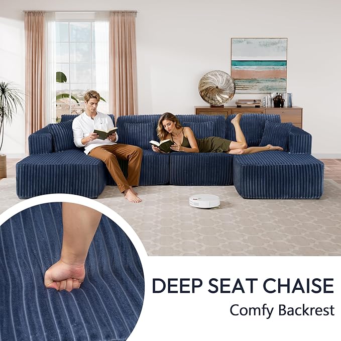 132" U Shaped Couch, Modular Sectional Sofa with Chaise, Corduroy U Shaped Boneless Couch with Deep Seat, Upholstered Modular Cloud Sofa for Living Room, No Assembly Required, Blue