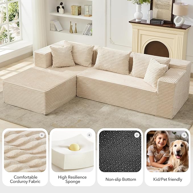 Modular Sectional Sofa Cloud Sectional Couch, 106" Comfy L Shaped Couches for Living Room,Oversized Sofa Sleeper with Deep Seat, No Assembly Required