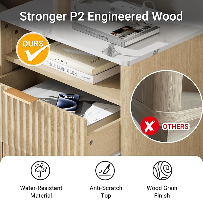 Fluted Nightstand, 23" Wide Night Stand, 2 Drawer Large Nightstand with Faux Marble Top & Charging Station. Modern Ene Table w/Storage, Bedside Table for Bedroom, Curved Corners,Natural Oak - Image 4