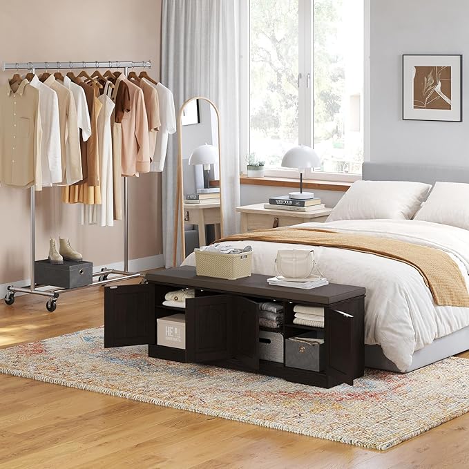DINZI LVJ Shoe Bench, Entryway Storage Bench with Doors, Cushion, 2-Tier Shoe Rack with 8-Cubby, 47.2”L x 13.8”W Shoe Organizer Cabinet, Adjustable Shelf, Living Room, Bedroom, Espresso - Image 6
