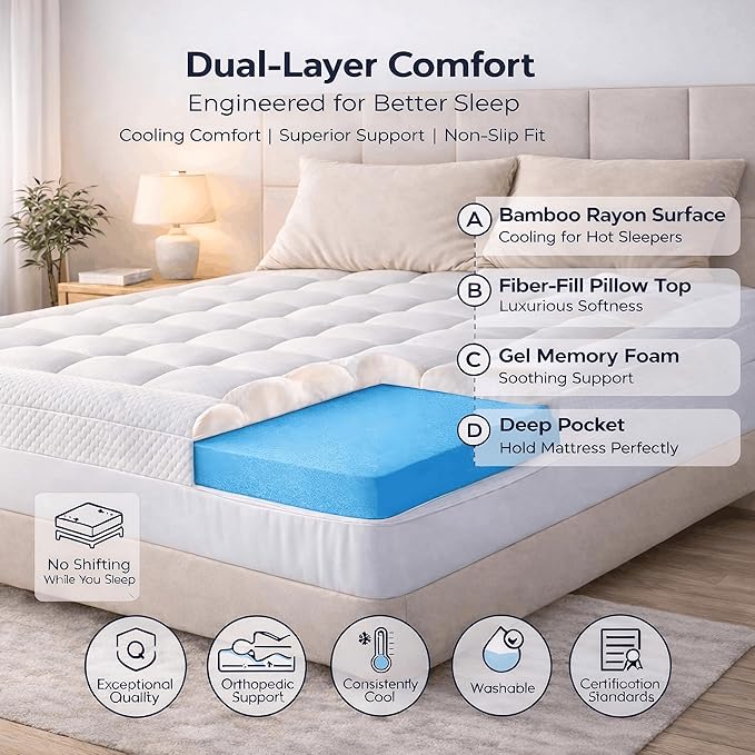 ELEMUSE 3 Inch Full Size Dual Layer Memory Foam Mattress Topper, 2 Inch Cooling Gel Foam, 1 Inch Soft Pillowtop Pad, Pressure Relief Bed Topper for Teen Room, Apartment & Guest Bed, Extra Support