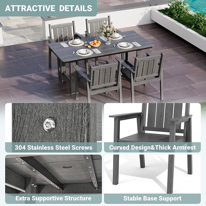 Pamapic 5-Piece Outdoor Dining Set, HDPE Outdoor Rectangular Table and 4 Chairs, Wood Grain Patio Furniture Sets with Armrest, All-Weather Patio Dining Table with Umbrella Hole, Gray - Image 7