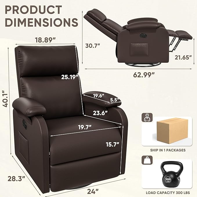 Homall Recliner Chair, 360 Swivel Rocking Chair for Adults, Massage Nursery Chair with Adjustable Backrest and Footrest, PU Leather Glider Rocker Recliners with Side Pocket for Living Room (Brown)