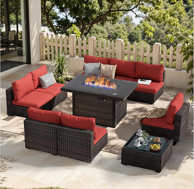 Patio Furniture Set with Fire Pit Table 10 Piece All Weather PE Rattan Outdoor Sectional Sofa Couch with 8 x armless sofa, No-Slip Cushions and Glass Top Table for Garden, Poolside, Backyard (Red)