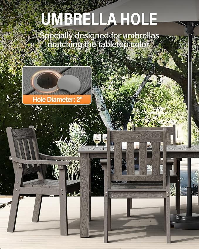 YEFU Outdoor Dining Table for 6: All Weather Rectangular Patio Table with Umbrella Hole and Aluminum Frame - Outdoor Furniture for Outside Backyard/Garden/Pool/Porch/Deck, 300lbs Capacity, Grey - Image 5