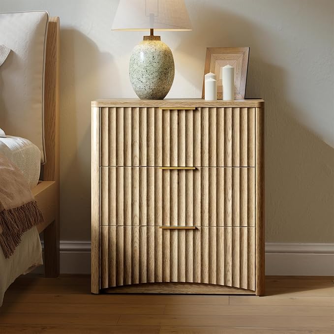 Evermagin Fluted Nightstand, Natural Oak Bedside Table with 3 Drawers, Wood End Table with Storage Mid Century Modern, Large Night Stand for Bedroom - Image 3