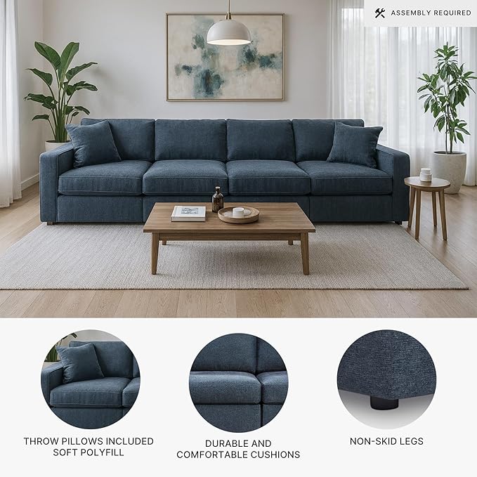 Signature Design by Ashley Modmax Contemporary Modular Stain Resistant 4-Piece Sofa with Reversible Cushions and 2 Accent Pillows, Blue