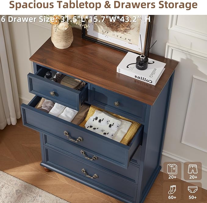 Joaxswe Farmhouse 6 Drawer Dresser Set of 2 for Bedroom, 42" Tall Rustic Chests of Drawers w/ 4 Solid Wood Feet, Mid Century Vintage Wooden Closet Storage Dressers Organizer for Living Room,Blue - Image 4