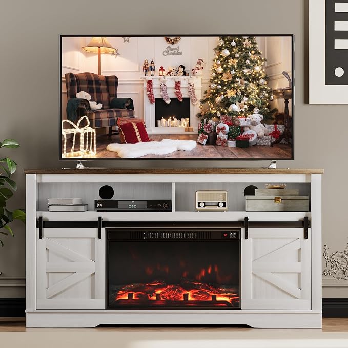JUMMICO Fireplace TV Stand for 65+ Inch TV with 26'' Fireplace Entertainment Center with Storage Cabinet and Adjustable Shelves Media Console with Sliding Barn Door for Living Room (Milk White) by JUMMICO