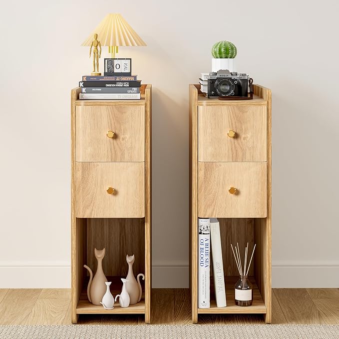Small Nightstand Set of 2, Wood 2 Drawer Narrow Nightstand, Slim Side Table, Modern Skinny End Bedside Table, Natural Wood Night Stand with Drawers for Bedroom (Natural-2 pcs) by FurSchFurniture