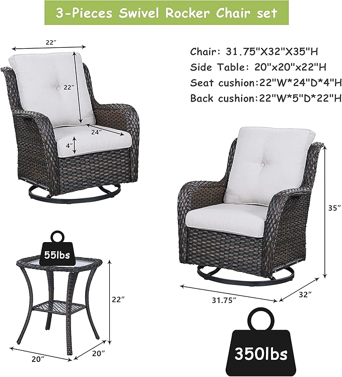 Rilyson Wicker Rocking Chair Swivel Chairs - 3 Piece Rocker Patio Furniture Set Rattan Rocking Bistro Sets with Glass Top Side Table for Outdoor Porch Deck Garden Backyard (Brown/Beige)