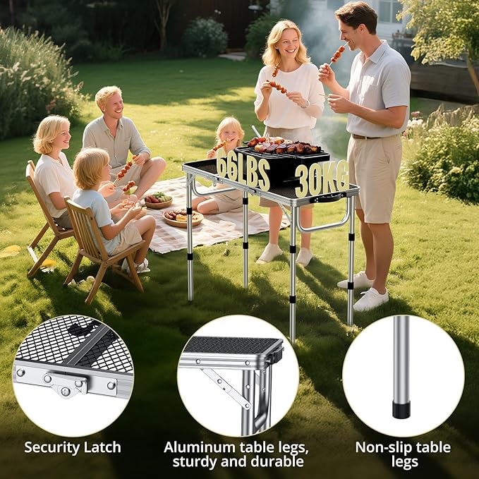 Anbte 3ft Folding Grill Table with Storage Bag, 3 Adjustable Height 27.5" Aluminum Portable Grill Table, Heat Resistant, Lightweight, Portable Handle for BBQ Cooking Camping Travel, 35" X 16", Silver - Image 5
